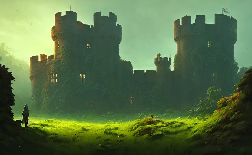 Image similar to an old english castle covered by plants with moody and cinematic lighting by greg ruthkowski and simon stalenhag jama jurabaev, cinematic and atmospheric, concept art, artstation, trending on artstation