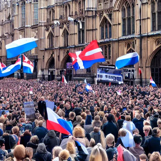 Image similar to a picture of westminster with a gigantic crowd of protestors on the street, the sky is blue and everyone is holding russian flags or posters with prince andrew's face wide shot hyperrealistic photography 7 0 mm