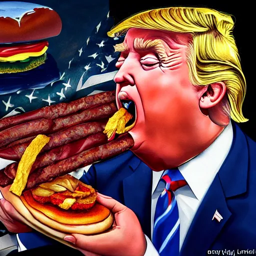 Prompt: donald trump! licking! a burger with his! tongue! out, art by jenny saville and earl norem, studio lighting, rim light, key light, food photography, detailed, sharp, smooth