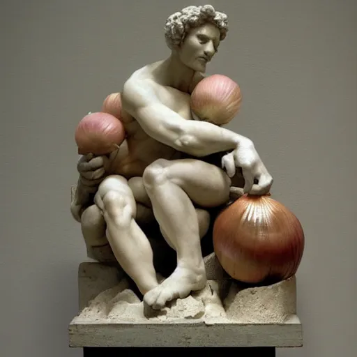 Prompt: people with the head of onions, sculture by michelangelo