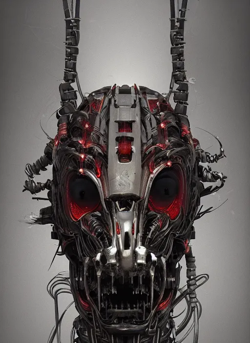 Prompt: a portrait up of a creepy looking biomechanical animal head, gigeresque cyberpunk art by ikuo hirayama, photorealism, octane render, behance hd, polycount, glowing fire background