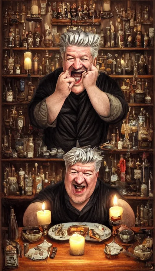 Prompt: david lynch as fat drunk tavern owner, apron, laughing, candles, fame of thrones, warhammer, fibonacci, sweat drops, intricate fashion clothing, insane, intricate, highly detailed, surrealistic, digital painting, artstation, concept art, smooth, sharp focus, illustration, unreal engine 5, 8 k, art by artgerm and greg rutkowski and alphonse mucha