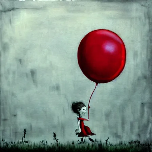 Prompt: grunge painting of the rake with a wide smile and a red balloon by chris leib, loony toons style, pennywise style, corpse bride style, horror theme, detailed, elegant, intricate