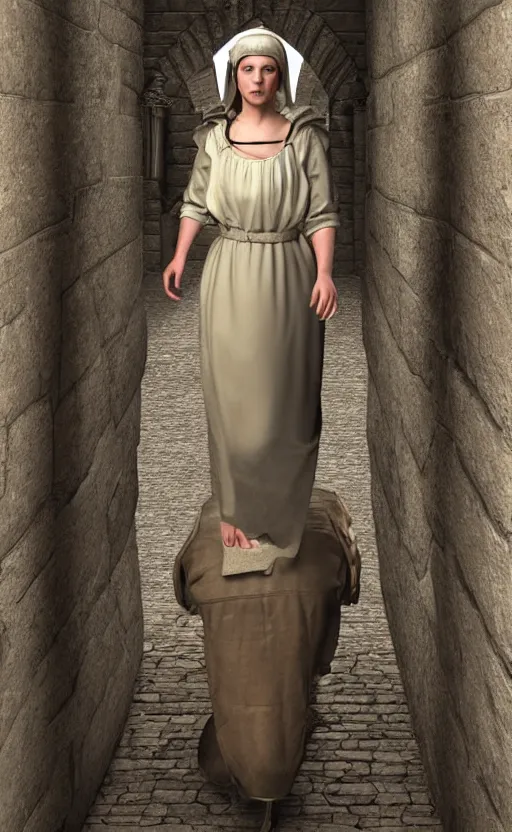 Image similar to medieval servant girl walking in castle hallway, about to enter doorframe, half turned around, full body, ultra realistic, digital art