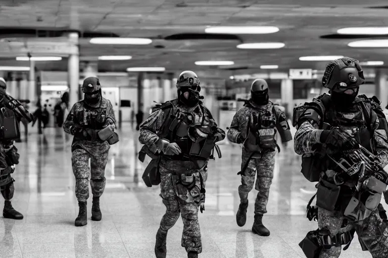 Image similar to Mercenary Special Forces soldiers in grey uniforms with black armored vest and black helmets fighting inside an airport in 2022, Canon EOS R3, f/1.4, ISO 200, 1/160s, 8K, RAW, unedited, symmetrical balance, in-frame, combat photography