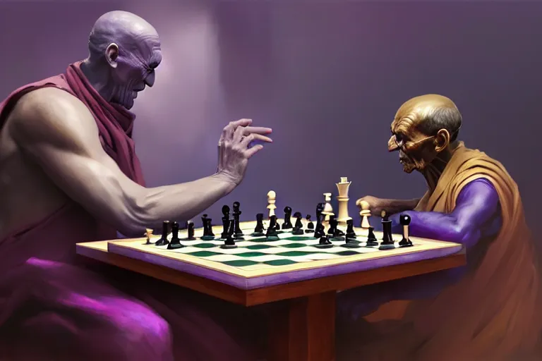 Image similar to thanos playing chess with mahatma gandhi on a marble table, extremely detailed digital painting, in the style of fenghua zhong and ruan jia and jeremy lipking and peter mohrbacher, mystical colors, rim light, beautiful lighting, 8 k, stunning scene, raytracing, octane, trending on artstation