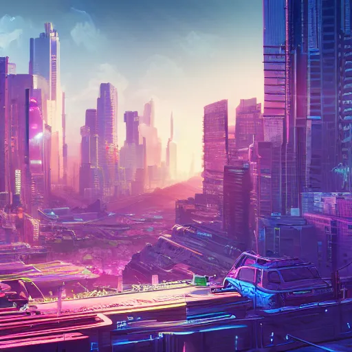 Prompt: a cityscape, synthwave aesthetics, detailed illustration, octane render, god rays, intricate, epic lighting, cinematic composition, hyper realistic, 8 k resolution, unreal engine 5, by artgerm, tooth wu, dan mumford, beeple, wlop, artstation