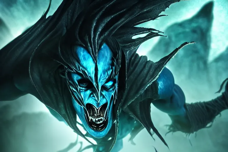 Image similar to vfx film closeup, soul reaver, raziel irl, legacy of kain soul reaver, hero pose, devouring magic souls, in epic ancient sacred huge cave temple, flat color profile low - key lighting award winning photography arri alexa cinematography, hyper real photorealistic cinematic beautiful, atmospheric cool colorgrade