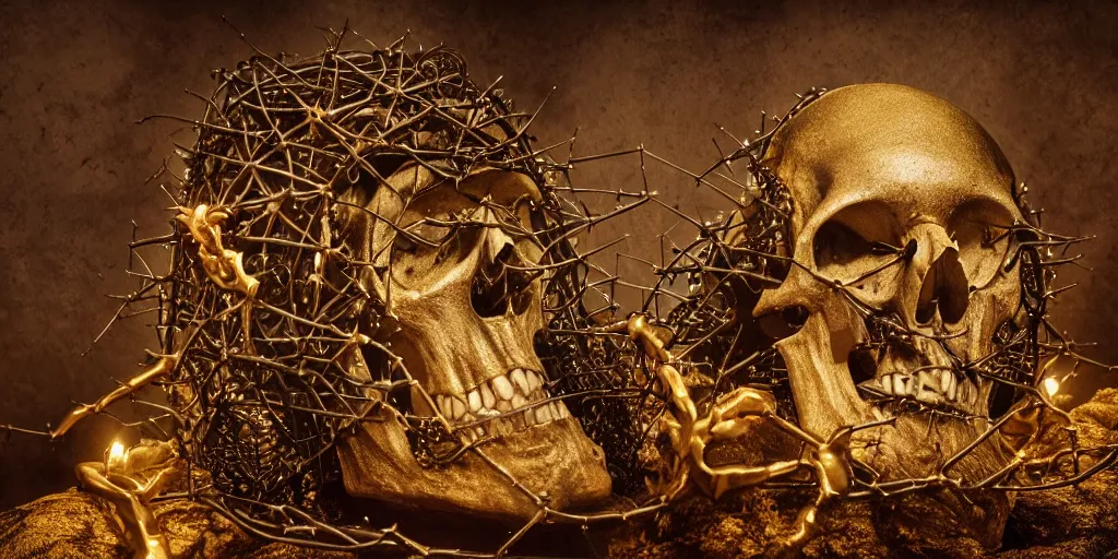 Prompt: a highly detailed realistic photographic render of corpses worshipping a skull statue with crown of thorns made of gold in the style of billelis, billelis , creepy, cinematic lighting, cinematic scene, Volumetric lighting, Atmospheric scene, Dark, Horror, Atmospheric lighting, Global illumination, realistic, photo realism, hyper realistic, hyper realism, photo realisitc, cinematic render, film, beautifully lit, ray traced, octane 3D render, octane render, unreal engine