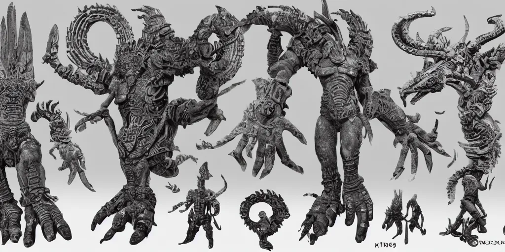 Image similar to Ancient Aztec Mayan statue creature, character design sheet, Monster Hunter Illustrations art book, giant, trees growing on its body, enormous hands, long limbs, horns on its head, bright pale blue eyes, Moebius, Greg Rutkowski, Zabrocki, Karlkka, Jayison Devadas, Phuoc Quan, trending on Artstation, 8K, ultra wide angle, zenith view, pincushion lens effect.