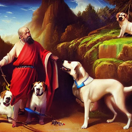 Prompt: the god of dogs from the heaven talking to his dog nation, illustration, 8 k, oil painting,