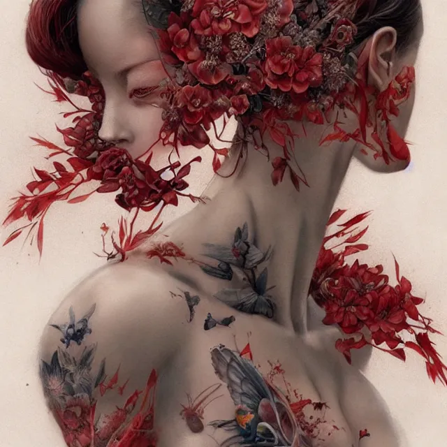 Image similar to ultra realistic illustration, beautifulwoman dressed in red kimono, backview, tattoos, in the style of peter mohrbacher by weta digital and beth cavener, high face symmetry, intricate, masterpiece, award winning, high face symmetry, intricate