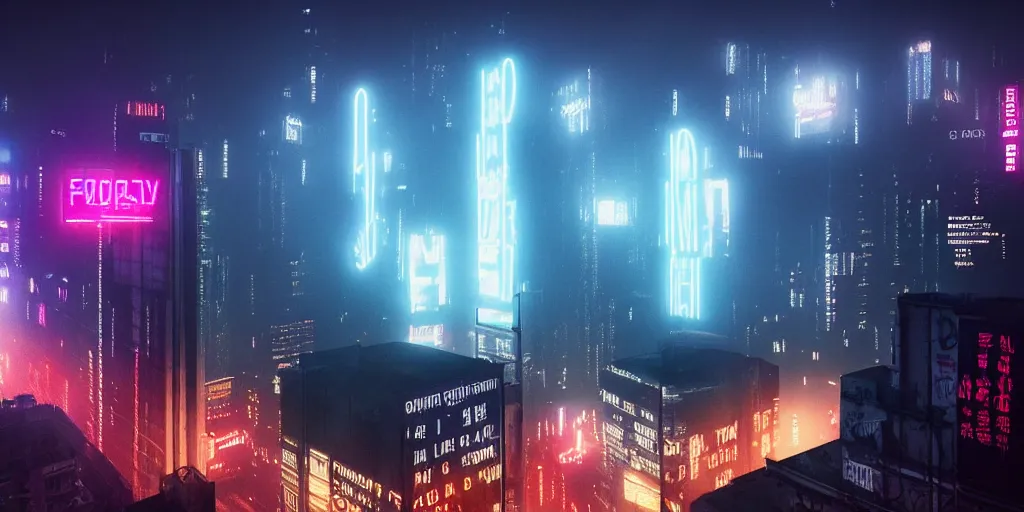 Prompt: giant illuminated billboards, megacity streets seen from above, neon signs, eerie fog, blade runner, ex machina