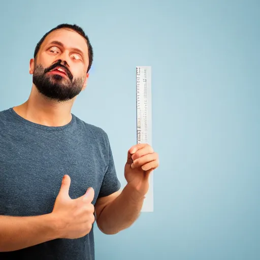 Image similar to visibly sad crying man pointing at a ruler, high resolution photo