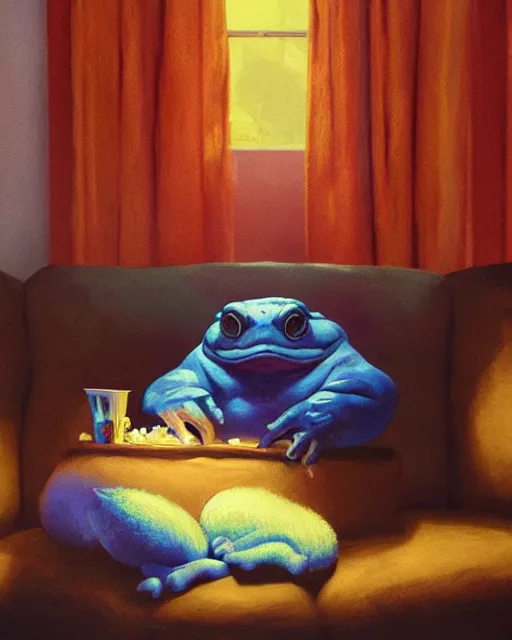 Prompt: hyper realistic oil painting of chubby toad watching a movie on the couch eating some popcorn, vibrant colors, anaglyph glasses, high contrast, by greg rutkowski, trending on artstation