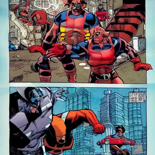 Prompt: Xmen Cyclop and Wolverine fighting versus Sentinels robot in New York, Moebius style