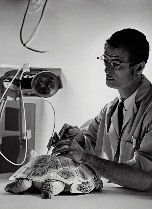 Prompt: doctor examining a small tortoise under bright operating room lights, closeup, 2 4 mm wide angle, technicolor