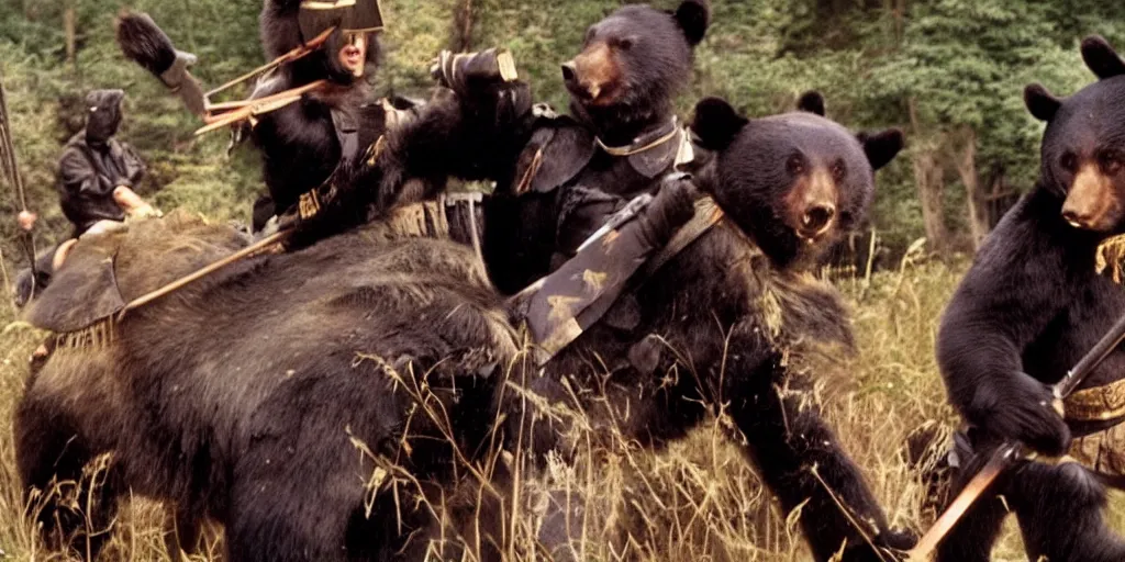 Prompt: scene from Kagemusha, 1980, movie still, cinematic, anthropomorphic, half man half asian black bear, black bear samurai, Moon Bear Samurai, epic, samurai