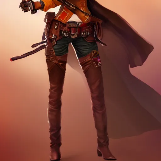 Image similar to full body, female cowgirl, perfect face, long rifle, 8 k, magic the gathering, d & d, artstation