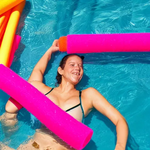 Image similar to a woman swimming surrounded by 1 0 pool noodles pointing away from her