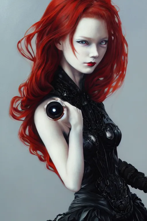 Image similar to redhead girl in ornate black dress, vogue, glowing eyes, character concept, angry light, dark mood, realistic body features and face, illustration, painting oil on canvas by Ayami Kojima and Tomoyuki Yamasaki and Tsutomu Nihei, octane render trending on artstation, 4k, 8k, HD