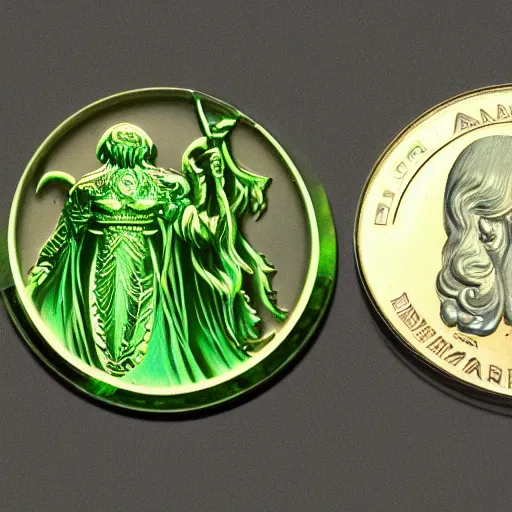 Prompt: green translucent coin in shape of labyrinth