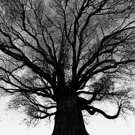 Prompt: big tree full of crows and nests, black and white, liminal