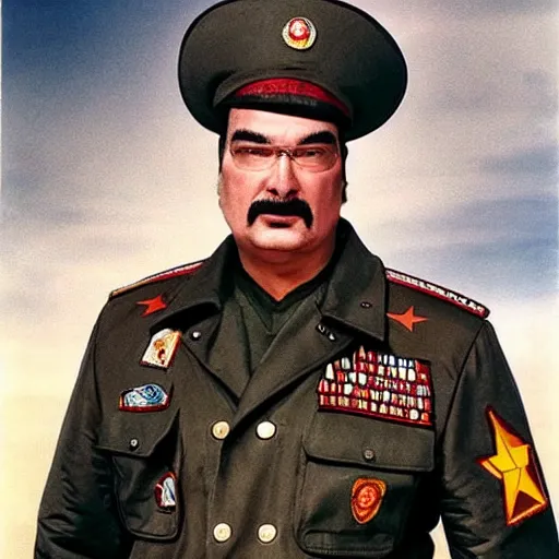 Image similar to Steven Seagal dressed as a soviet commander, realistic portrait.