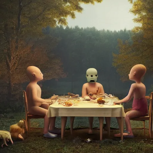 Image similar to a family of cyclops having dinner, by Gregory Crewdson