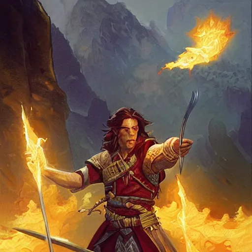 Image similar to beautiful painting of a very short and small male halfing bard from pathfinder, casting fireball, painted by larry elmore, wayne reynolds, greg rutkowski, magic the gathering, dungeons and dragons,