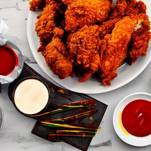 Image similar to large plate of delicious greasy fried chicken, with a side of dipping sauces, realistic advertising photography, 4K resolution, spot lighting