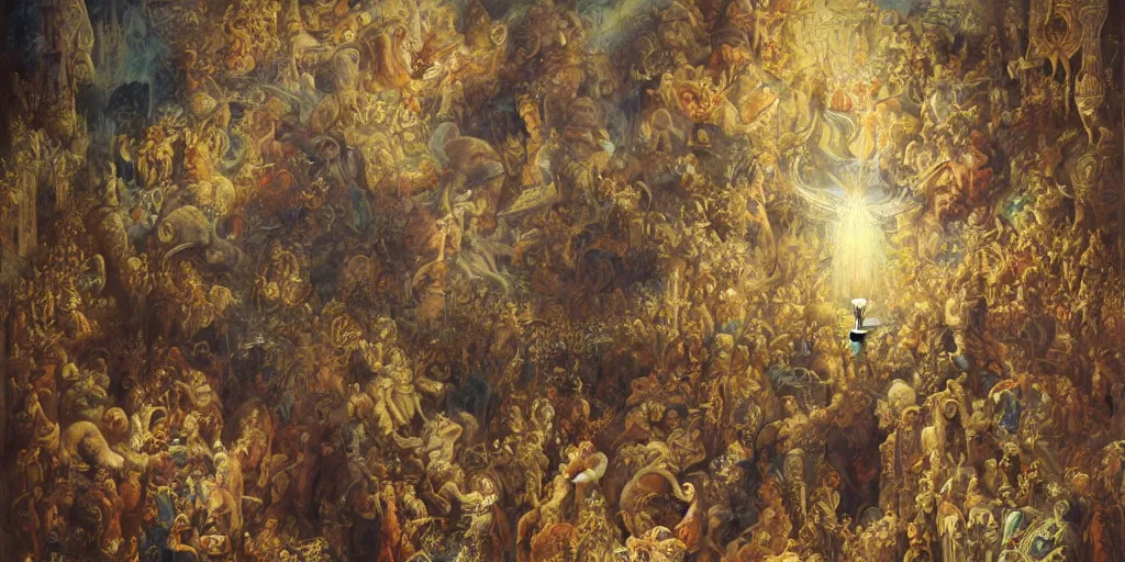 Prompt: the cat god reborn under the holy light high up in a Gaudí style church surrounded by his subjects and armies, in style of Jean-Honore Fragonard, surrealist