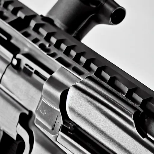 Prompt: Colt AR-15, closeup, black and white photograph