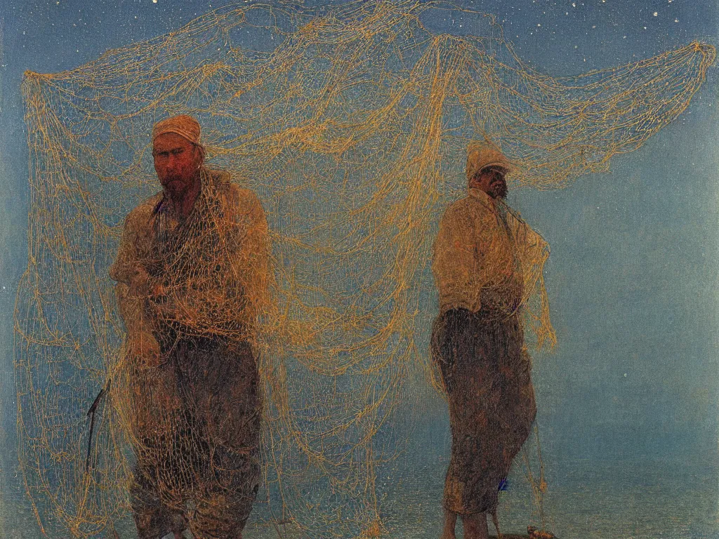 Prompt: painting by mikalojus konstantinas ciurlionis. portrait of fisherman with net at night with fireflies