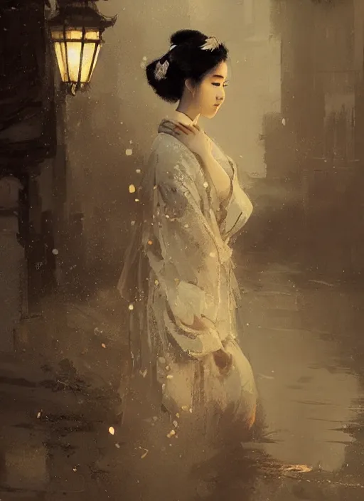 Image similar to female geisha girl, beautiful face, rule of thirds, intricate outfit, spotlight, by greg rutkowski, by jeremy mann