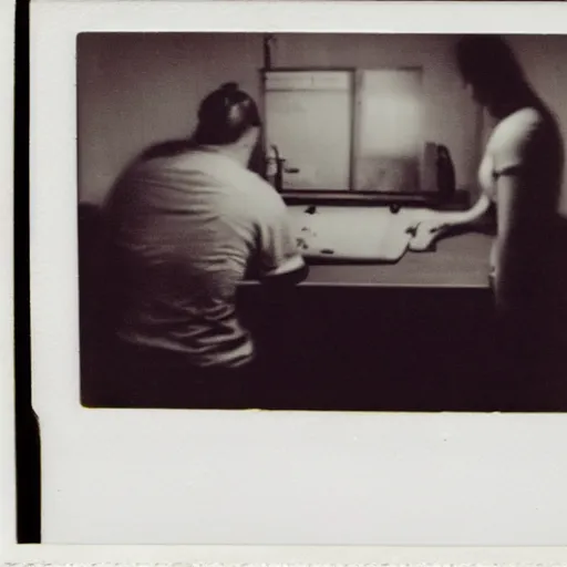 Image similar to a polaroid photo on a desk, found at an abandoned nuclear power plant, depicting the last moments of the workers, mystery, terrifying, psychopath, chilling