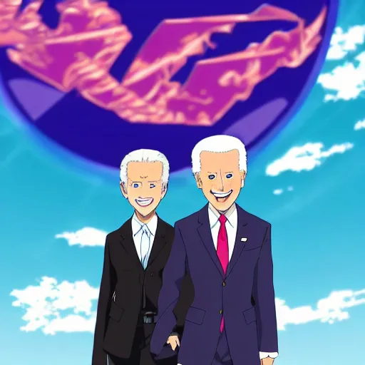 Image similar to key anime visual of joe biden and Saiki Kusuo; official media