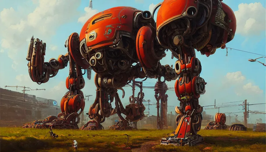 Prompt: an intricate oil painting of a giant scrap metal anime mecha with rounded components by simon stalenhag