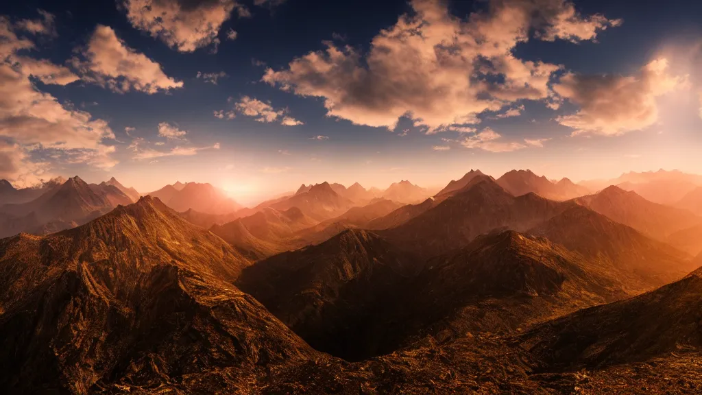 Prompt: mountain ridge, dramatic, ultra - wide angle, long exposure, ultra - hd, beautiful lighting, ray tracing global illumination, in a symbolic and meaningful style, above the clouds at sunset, trending on artstation, concept art, hyper realism