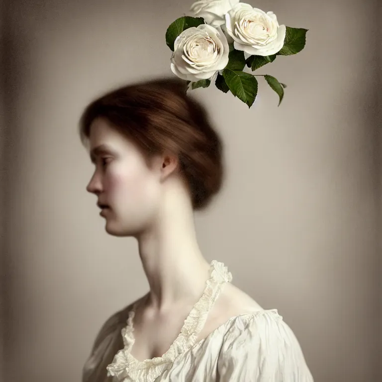 Image similar to hight focus f - 2 2, 8 5 mm, iso 1 0 0 : a wonderful realistic focused face portrait of a lonely woman with a detailed wonderful symmetrical face who is dressed with a wonderful, majestic, large semi transparent white cotton dress ornate with semi transparent cotton roses, no arms visible, dramatic light, octane render, by roberto ferri style