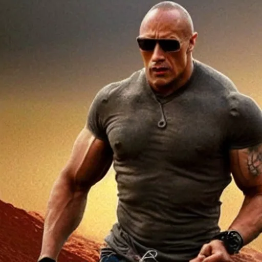 Prompt: “ the rock with hair, shot by christopher nolan, directed by michael bay, concept art ”