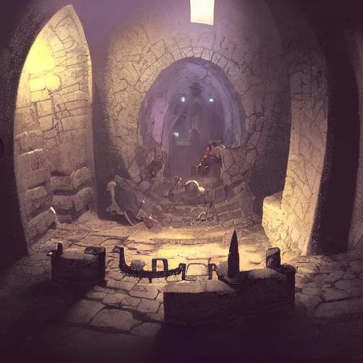 Image similar to a concept art of jail in a catacomb. a paladin knight lies dead in a wall bed with a surprised shapeshifter half man half rat. dungeon. volumetric lighting. rutowsky, craig mullins, d & d.