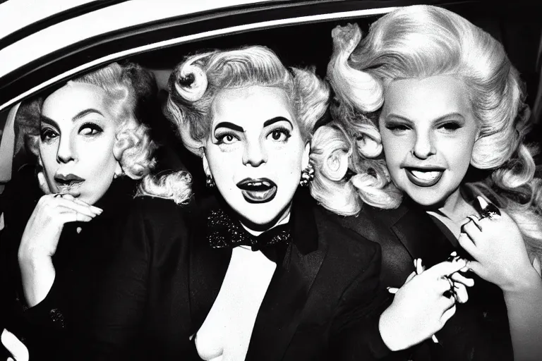 Image similar to lady gaga and judy garland doing carpool karaoke, lady gaga and judy garland, carpool karaoke, lady gaga, judy garland, carpool karaoke, youtube video screenshot, the late late show with james corden