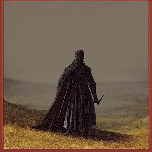 Image similar to dying knight facing the abyss, in the style of Caspar David Friedrich