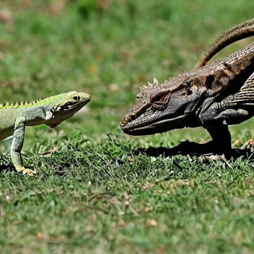 Prompt: a lizard fighting a turkey