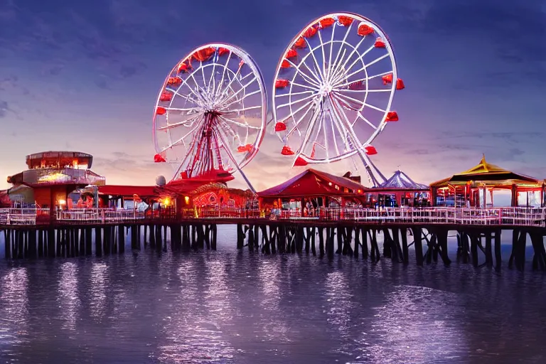 Prompt: Digital Matte Illustration of a beautiful dark Galveston Pleasure Pier night with ferris wheel, roller coaster and lighted swing, in the style of Greg Rutkowski