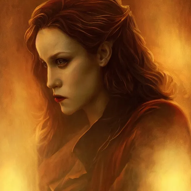 Image similar to majestic gracious regal female vampire portrait, atmospheric lighting, painted, menacing, intricate, volumetric lighting, beautiful, rich deep colours masterpiece, golden hour, sharp focus, ultra detailed, by leesha hannigan, ross tran, thierry doizon, kai carpenter, ignacio fernandez rios