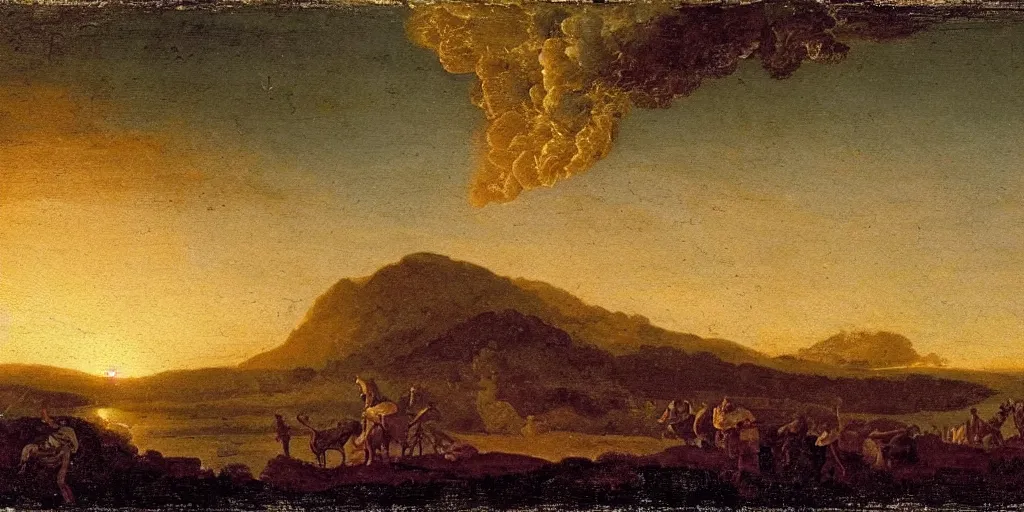 Prompt: sunset with an exploding volcano seething, ethereal landscape, claude lorrain pastoral landscape