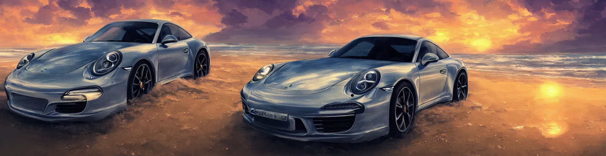 Image similar to beautiful, detailed digital painting of a porsche 9 1 1 on the beach and looking at the sunset, anime by makoto shinkai, sand, waves, trending on artstation