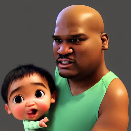 Image similar to a baby shaquille o ’ neal being held by a shocked asian man who can ’ t believe his eyes, pixar, 3 d render, artstation, unreal engine